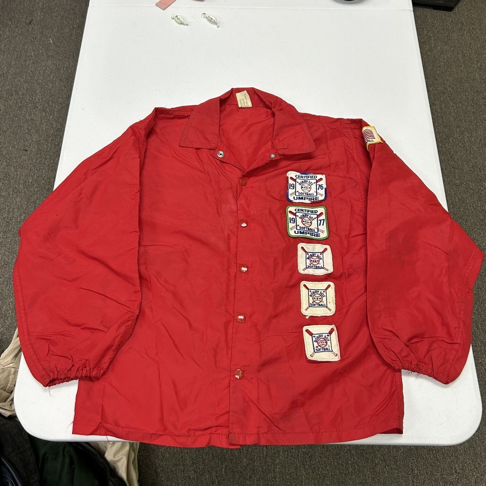 Russell Athletic Coach Jacket Boys L Red 70s Bobby Sox Softball Umpire Patches